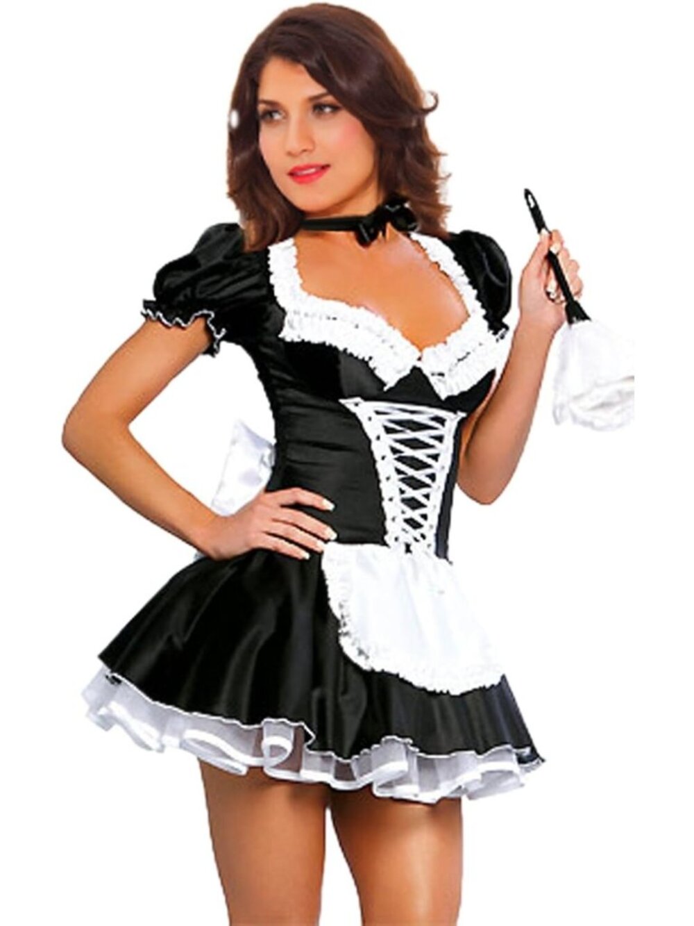 Sexy French Maid Costume for Women - Black Satin Halloween Dress S-5XL